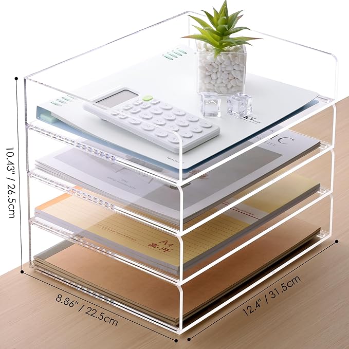 SANRUI Acrylic Stackable Letter Tray Clear Desk Paper Organizer 4-Tier Desk File Organizer Paper Sorter Holder Document Shelf Tray for Letter/A4,4-Pack