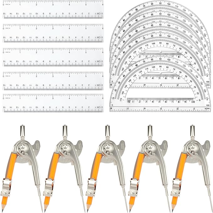 20 Pieces Geometry Math Set Compass for Geometry Math Compass and Protractor Set Include Metal Compass with Pencil Plastic Ruler and Protractor for Student School Office Woodworking Drawing Tools