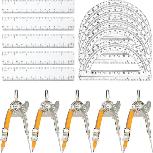 20 Pieces Geometry Math Set Compass for Geometry Math Compass and Protractor Set Include Metal Compass with Pencil Plastic Ruler and Protractor for Student School Office Woodworking Drawing Tools