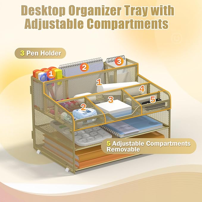 Docnest 3 Tier Mesh Desk Organizer for Paper Office Supplies – Multi-Functional Letter Tray with 5 Adjustable Compartments, 3 Pen Holders, Desktop Storage for Files, Mail, Stationery – Gold Yellow