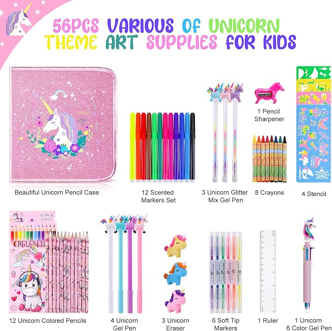 Fruit Scented Markers Set 56Pcs with Glitter Unicorn Pencil Case & Stationery,Art Supplies for Kids Ages 4-6-8, Art Coloring Kits Box,Gifts Toy for Girls Age 5,7,Pencil&Crayon Drawing Stuff