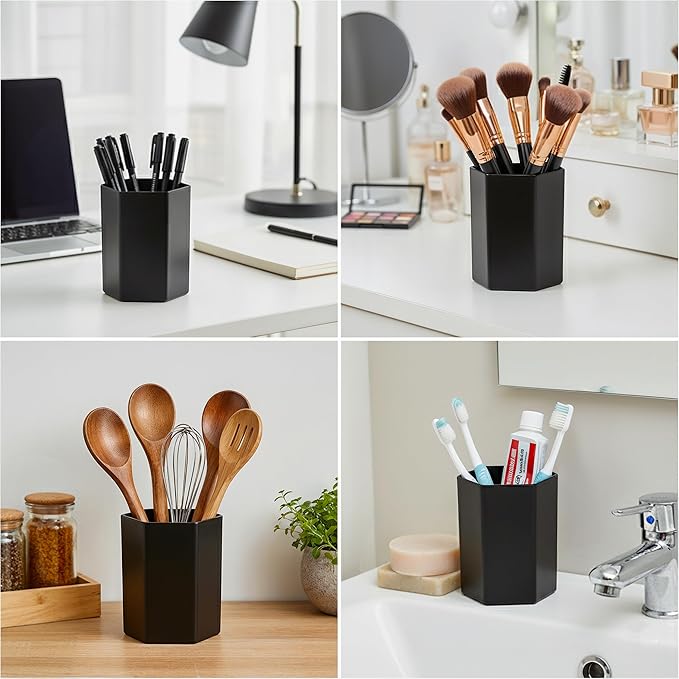 Black Pen Holder for Desk | Hexagonal Acrylic Pencil Holder Organizer for Home, Offices | Multipurpose Acrylic Makeup Organizers, Clear Toothbrush Holder & Pencil Cups for Desk | Stationary Supplies