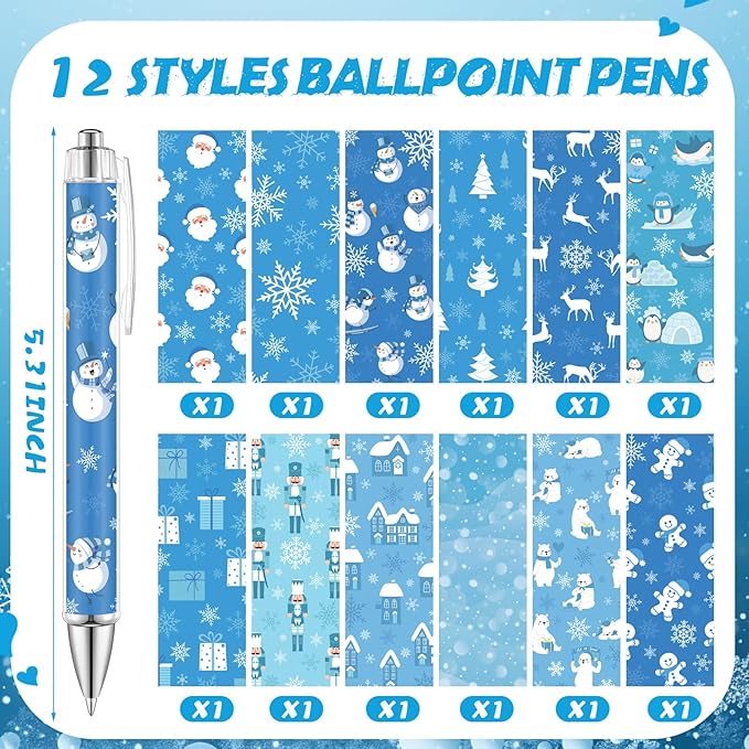 24 Pcs Blue Christmas Sticky Notes with Pens Winter Themed Gifts Self Adhesive Notepad Cute Memo Note Pads Black Ink Ballpoint Pen for Holiday Gifts Office School Student Teacher Supplies