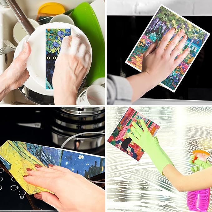 Black Cat Swedish Dishcloths for Kitchen - 6PCS Oil Painting Black Cat Swedish Cloths for Washing Dishes, Cotton Kitten Reusable Dish Towels, Washable Cleaning Sponge Gifts Fast Drying
