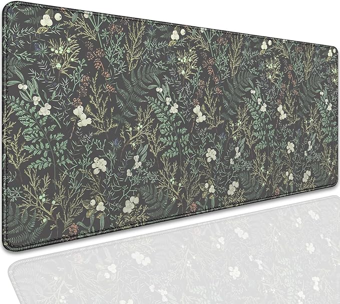 Dark Green Plant Desk Pad Mouse Pad,Vintage Green Fern Leaves Mouse Mat with Stitched Edges,Non-Slip Rubber Base Mousepad for Office PC Keyboard Laptop and Home Work Desk Mat(27.5X11.8 in)