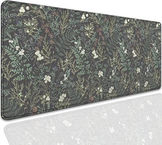 Dark Green Plant Desk Pad Mouse Pad,Vintage Green Fern Leaves Mouse Mat with Stitched Edges,Non-Slip Rubber Base Mousepad for Office PC Keyboard Laptop and Home Work Desk Mat(27.5X11.8 in)