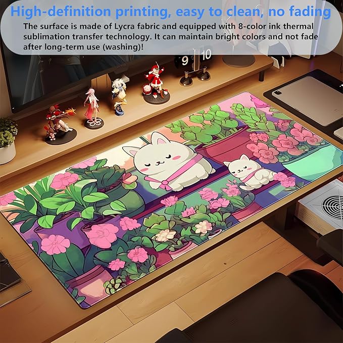 Cute Desk Mat Cat Mouse Pad Gaming Mousepad XXL Kawaii Desk Matt Pink Green Floral Keyboard Mat, Laptop Computer Desktop Decor Mat with Stitched Edges, 3mm Thick Non-Slip Rubber Base 31.5x15.7 in