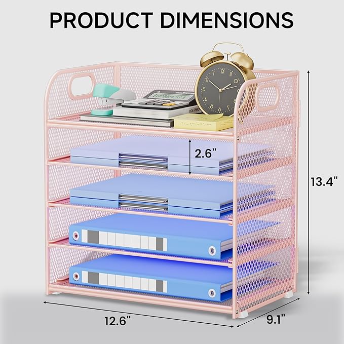 Paper Organizer for Desk Organizers and Accessories for Office 5 Tier Letter Tray Storage with Handle Mesh Desktop Paper Holder for School- Pink