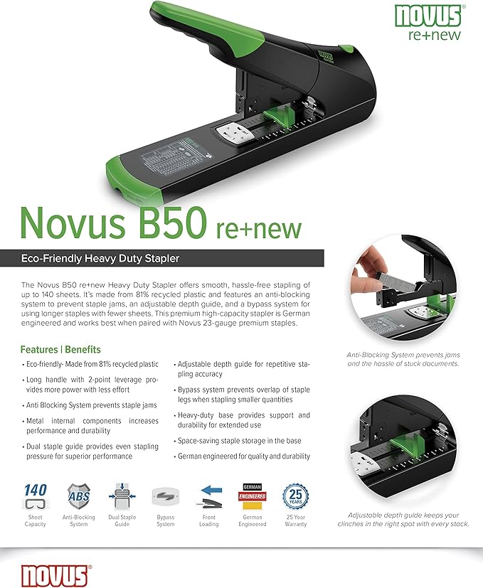 Novus B50 re+New Heavy Duty Stapler, 140 Sheet Capacity, Made of 81% Recycled Plastic, German Engineered, Adjustable Guide, 25 Yr. Warranty, Black (023-0065)