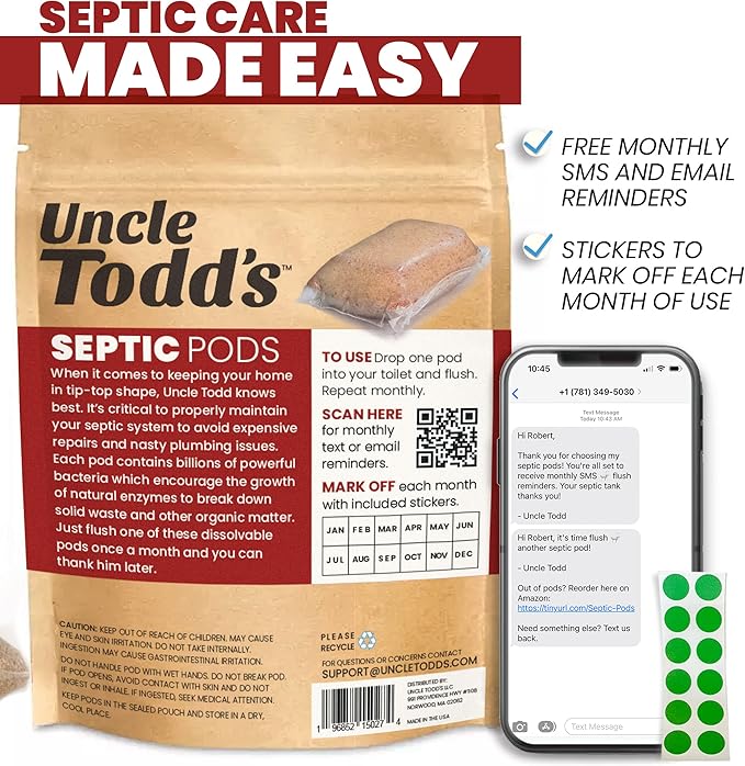 Uncle Todd's Septic Tank Treatment Pods - (12-Month Supply) - Powerful Enzyme & Live Bacteria Formula to Prevent Backups & Odor, Eco-Friendly Dissolvable Pods Safe for All Septic Systems