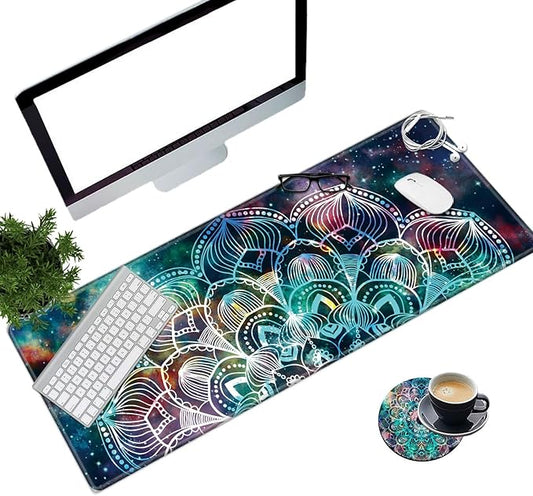 Large Gaming Mouse Pad with Stitched Edges, Desk Pad Protector, Computer Keyboard Mouse Mat Non-Slip Cute Desk Decor for Home/Office/Study Accessories+ Coaster and Stickers, Mandala Art