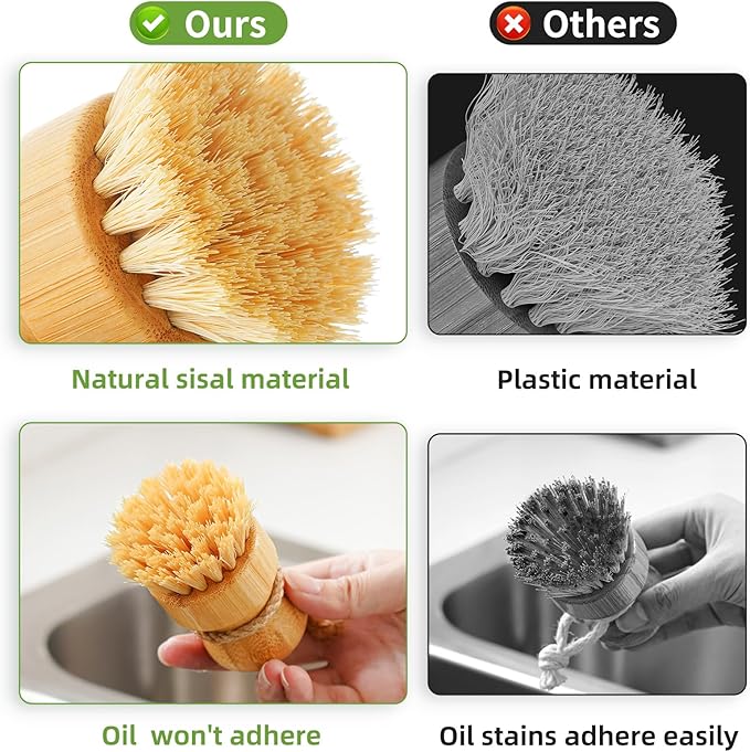 SUBEKYU Bamboo Dish Scrub Brushes, Kitchen Wooden Cleaning Scrubbers Set for Washing Cast Iron Pan/Pot, Natural Sisal Bristles, Set of 2