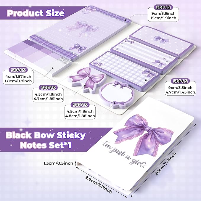 Xqumoi Coquette Purple Bow Sticky Notes Set - I’m Just A Girl Self-Stick Note Pads Bowknot Notepads Writing Memo Pad Page Marker Bookmarker Preppy Girly Stuff Back to School Office Supplies Gift