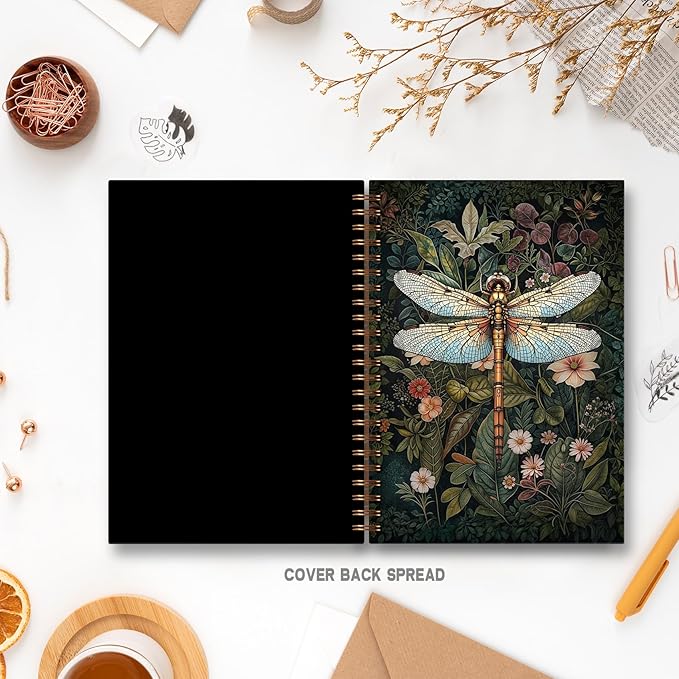 Vintage Floral Dragonfly Notebook, Dark Green Botanical Dragonfly Journal, Cottagecore Flower Plant Journal, Rustic Mosquito Hawk Spiral Notebooks 5.5x8.3 Inch