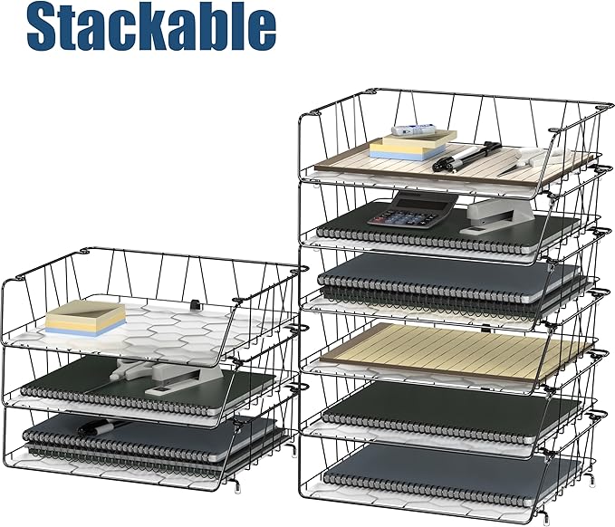 SimpleHouseware Stackable Wide Entry Desk File Document Letter Tray with Liner, Wire Grid, 3 Packs, Black