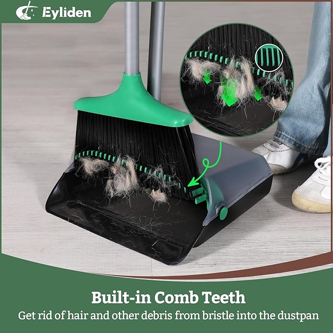 Eyliden Broom with Dustpan Combo Set - Stand-Up Dustpan, Self-Cleaning Comb, 4-Row Dense Bristles - Sweeper Brooms and Dustpan for Home, Office, Lobby, Shop, Classroom, Dorm Room (Black & Green)