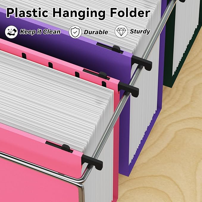 ANSOOK Plastic Hanging File Folders Letter Size, 3 Inch Reinforce Expanding File Folder,12 Pack File Cabinet Folders with 15 Insertable Tabs,Heavy Duty Accordion File Organizer for Office Home School