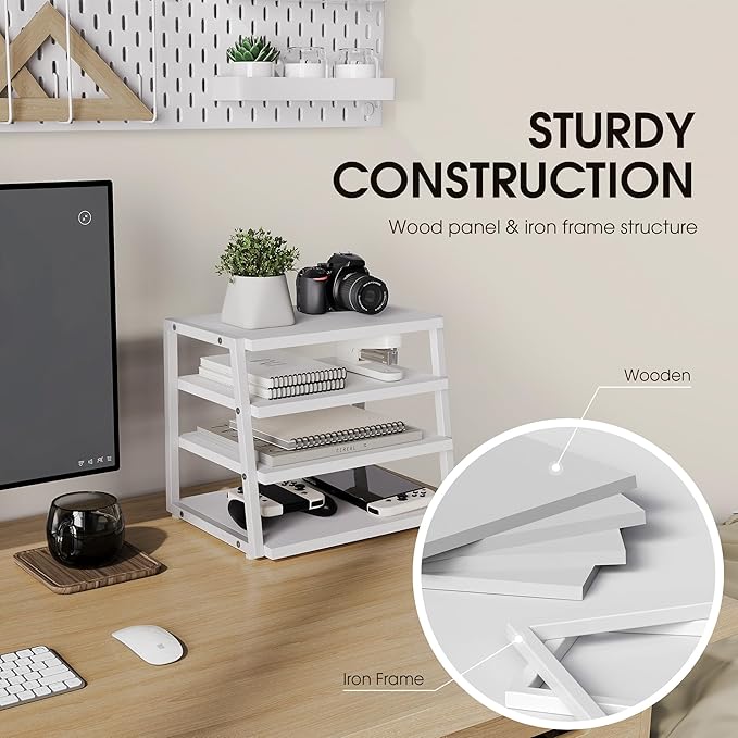 Fenge Desk Shelf Organizer, 4 Tier Desktop Shelf, Wood and Metal Office Shelves, Corner File Organizer for Office Supplies, Top of Desk Organizers and Accessories