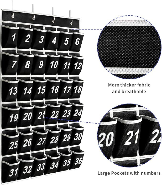 36 Pockets Black Numbered Classroom Pocket Chart for Cell Phones, Hanging Pocket Chart Storage for Classroom Phone Calculator Holder with 4 Hooks (Black-36pockets)