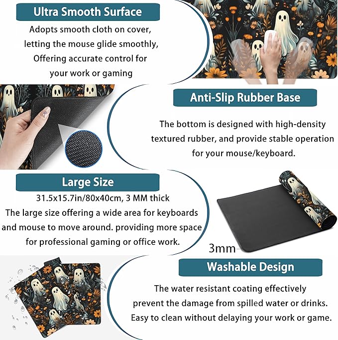 Retro Gothic Kawaii Desk Mat Cute Dark Academia Desk Pad Large Floral Mouse Pad XXL Gaming Mousepad, Laptop Computer Keyboard Mouse Mat, Deskmat Office Decor Accessories for Women, 31.5x15.75 in
