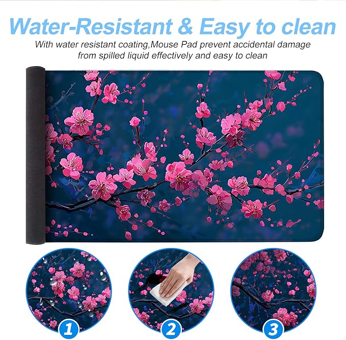 Elegant Cherry Blossom Mouse Pad – 31.5" x 11.8" Extended Desk Mat with Pink Peach Blossoms on Deep Blue Background – Large Non-Slip Surface for Home & Office Use