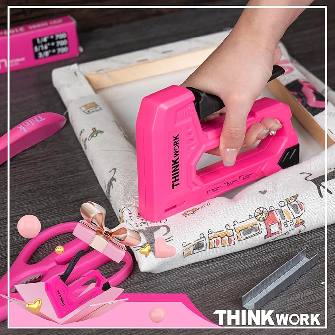 THINKWORK Light Duty Staple Gun, Pink Upholstery Staple Gun for Wood with 1600pcs JT21 Staples 1/4", 5/16", 3/8" and Staple Remover, Women Fabric Stapler Gun for Crafts, Wall, Arts, DIY, Decoration