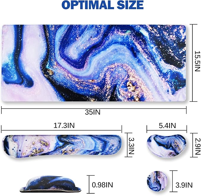 ARTSO Large Gaming Mouse Pad, Keyboard Wrist Rest Pad & Wrist Support Mousepad Set, Stitched Edge, Extended, Non-Slip Base, Memory Foam,Multifunctional Desk Mat 4pcs for Office & Home, Purple Marble