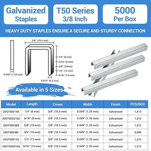 meite T50 Staples, 3/8 Inch Length Heavy Duty Staples for Staple Gun, Galvanized, 20 Gauge 3/8 Inch Crown, Compatible with T50 Staple Gun, Ideal for Upholstery, Construction, Furniture (5,000 Counts)