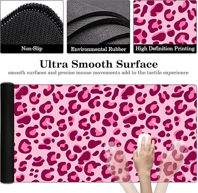 Pink Leopard Desk Pad Protector, Stitched Edges Mouse Pad, Large Office Desk Mat, Non-Slip Desk Blotter, Laptop Desk Pad, Desk Writing Pad for Office and Home (31.5" x 15.7 ")