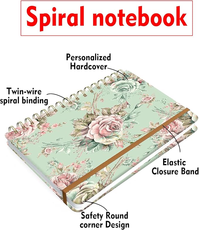 Spiral Journal Notebook for Women, Hardcover A5 College Ruled Notebook, 120 Pages, Thick Paper, Cute Lined Journal for School, Office & Work, 6 x 8.4 in(Vintage Flower)