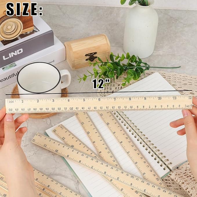 Koogel 12PCS Wooden Rulers Bulk, Wood Ruler 12inch/30cm Measuring Rulers 2 Scale for Kids Students Office School Supplies Classroom