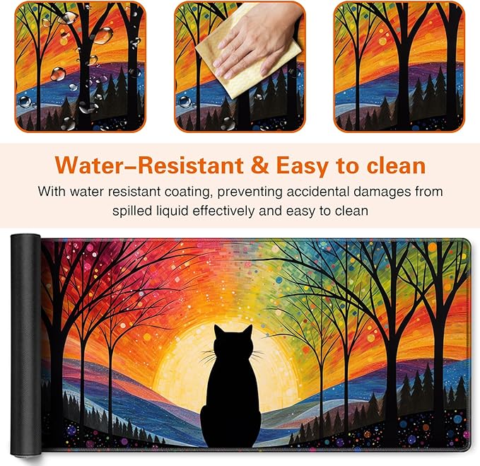 Anime Black Cat Mouse Pad Cute Desk Mat, XXL Large Gaming Mouse Pad Keyboard with Stitched Edges Non-Slip, 35.4×15.7in Keyboard Mat for Desktop Computer Laptop Office Women Desk