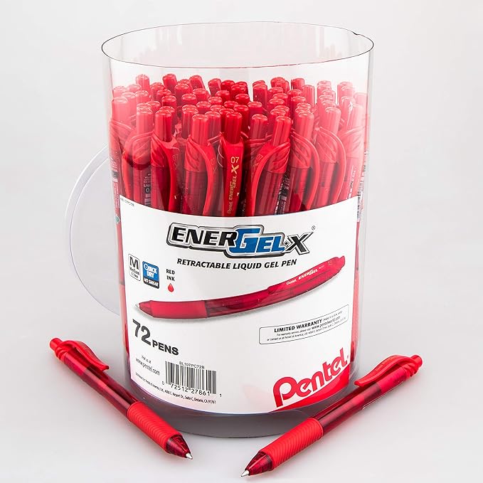 Pentel EnerGel-X Retractable Gel Pen, (0.7mm) Med. Line, Red Ink, 72-PK Canister (BL107PC72B)