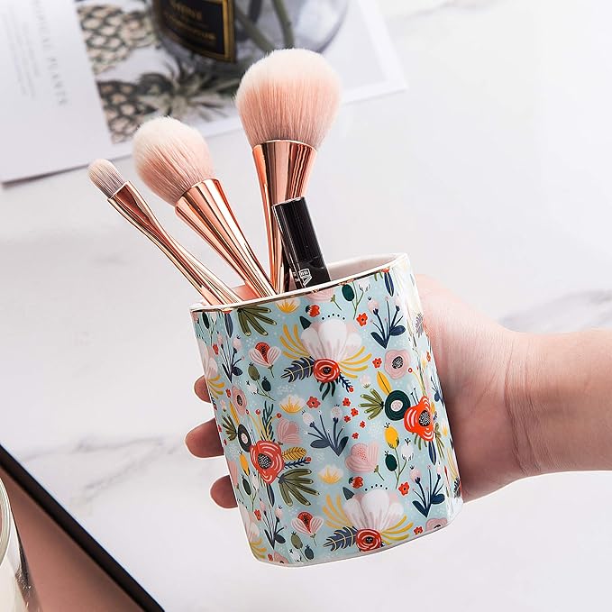 Jwest Pen Holder, Makeup Brush Holder Ceramic Shiny Gold Floral Pattern Pencil Cup for Girls Kids Women Durable Stand Desk Organizer Storage Gift for Office, Classroom, Home Mint Flowers