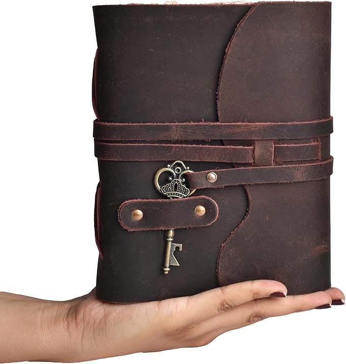 LEATHER VILLAGE Vintage Leather Journal – 200 Handmade Vintage Deckle Edge Paper – Leather bound Journal For Women Men – Vintage Key Closure - Book of Shadows - Chocolate Brown - 6X4 inches (A6)