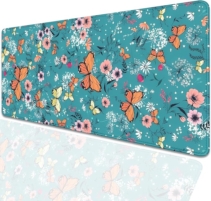Colorful Butterflies and Flowers Extended Desk Pad Mouse Pad,Stitched Edges Non-Slip Rubber Base XL Mouse Mat Desk Mat for Office Home Work Blue Mousepad(27.5X11.8 Inch)