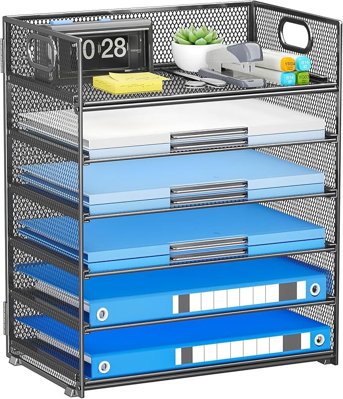 Paper Organizer for Desk File Organizer with Handle Mesh 6 Tier Letter Tray Paper Sorter Desk Organizer for Office Home Supplies-Grey