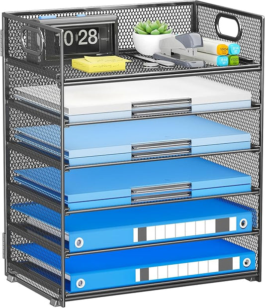 Paper Organizer for Desk File Organizer with Handle Mesh 6 Tier Letter Tray Paper Sorter Desk Organizer for Office Home Supplies-Grey