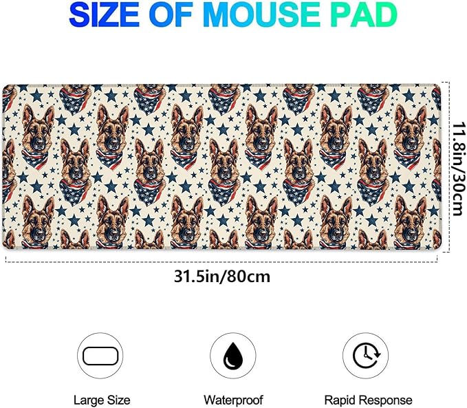 Patriotic German Shepherd Gaming Mouse Pad, Extended Dog Desk Mat Computer Laptop Mousepad, Robust Stitched Edges, 31.5"×11.8" Large Office Keyboard Mouse Pads for Home Desktop Decor