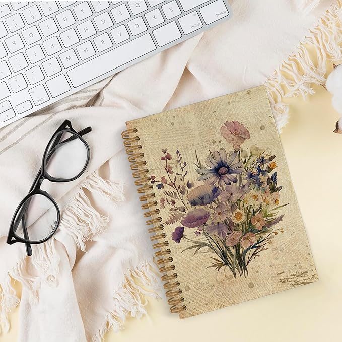 Vintage Purple Floral Spiral Notebook, Flower Journal Notebook, Floral Journal, Boho Botanical Office Supplies Gifts for Women Men, Retro Floral Plant Notebooks for School Work, 5.5x8.3 Inch