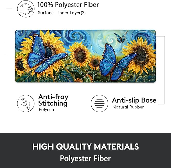 Gaming Mouse Pad, Sunflower and Blue Butterfly Mouse Pad, Desk Mat, Non-Slip Rubber Base MousePads for Computers Laptop Office School Home Accessories Decor 31.5" x 11.8"