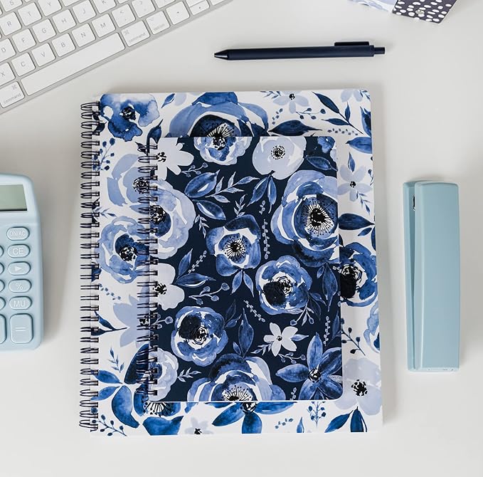 Steel Mill & Co Cute Floral Mini Spiral Notebook, 8.25" x 6.25" Journal with Durable Hardcover and 160 Lined Pages, Blue Watercolor