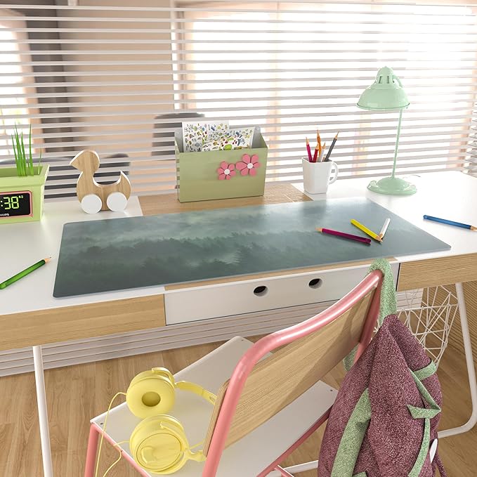 Colorful Star Large Mouse Pad, PU Leather Waterproof Desk Mat, Computer Gaming Mouse Pad, XXL Full Desk Mousepad Non Slip Desk Pad for School Office Home 31.5" x 15.7" - Foggy Forest Valley