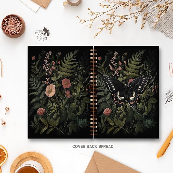 Dark Botanical Black Butterfly Notebook, Moody Floral Moth Journal for Women, Dark Academia Cottagecore Journal for Writing, Cottagecore Butterfly Spiral Notebook 5.5x8.3 Inch