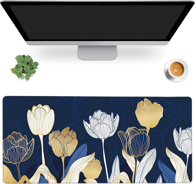 MIOAOSRT Desk Mat,Luxury Gold Tulip Flower Large Gaming Mouse Pad with Stitched Edges,Non-Slip Computer Mouse Pad for Desk,Extended XXL Keyboard and Mouse Pad 35.4x15.75 in