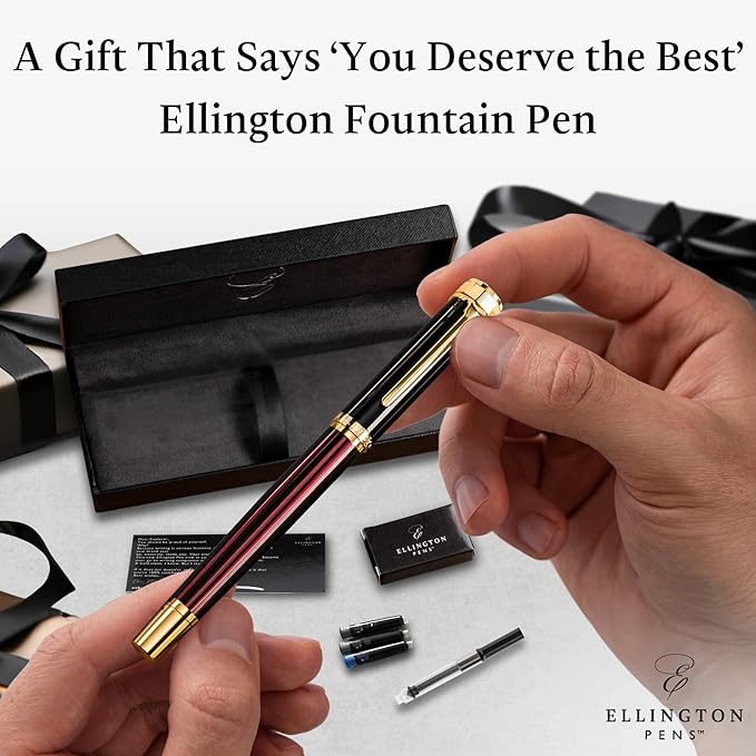 Ellington Pens Luxury Fountain Pen Set - Smooth Medium Nib - Includes 3 Ink Cartridges, Refillable Ink Converter, Gift Box-Fountain Pens For Writing, Calligraphy, Journaling, Sketching (Crimson Blend)