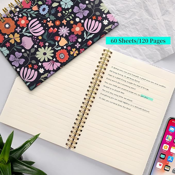 Spiral Notebook Journal for Women Men, A5 Hardcover Journal, 120 Pages Thick Paper, College Ruled Writing Notebook for School, Work & Office 8.3'' × 5.9''(Colorful Garden Flowers)