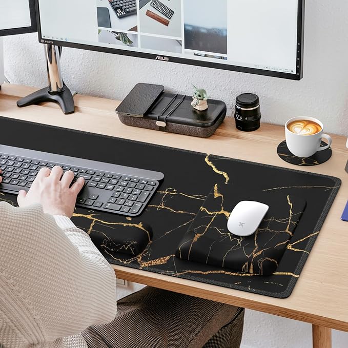 iCasso Mouse Pad with Wrist Rest,Large Desk Mat Set,Ergonomic Keyboard Pad with Wrist Support,Non-Slip Mouse Mat for Women,Cute Floral Computer Mat for Home Office Gaming (Black Gold)