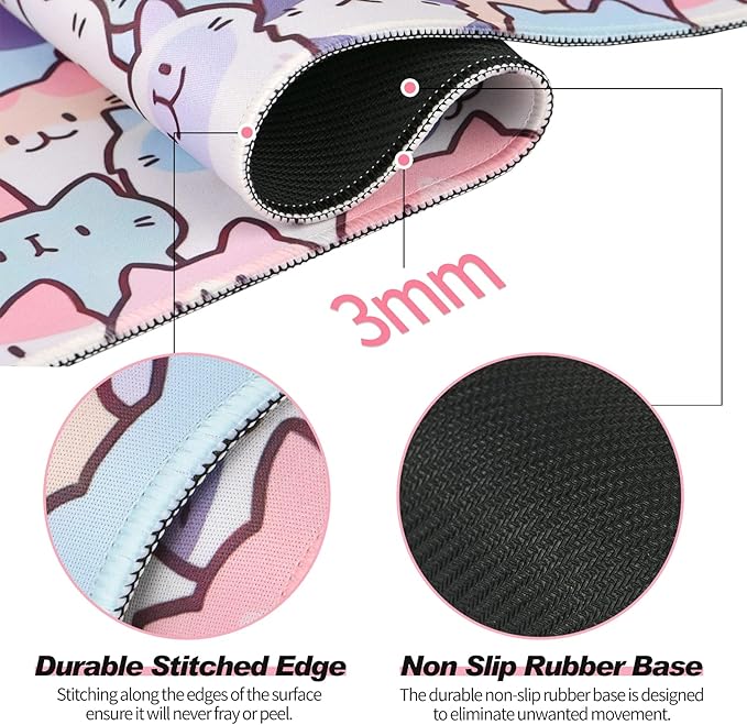 Cute Kawaii Cat Mouse Pad, Gaming Office Home Mousepad, Computer Keyboard and Laptop Desk Mat for Women, Large Extended Non-Slip Rubber Base with Stitched Edges, 31.5x15.7x0.12 in, Pink