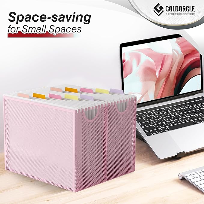 Hanging File Organizer Box, Hanging File Folder Frame Holder Filing Box with 5 Hanging Folders, Metal Mesh Desk File Folder Storage(No Assembly Required), Pink